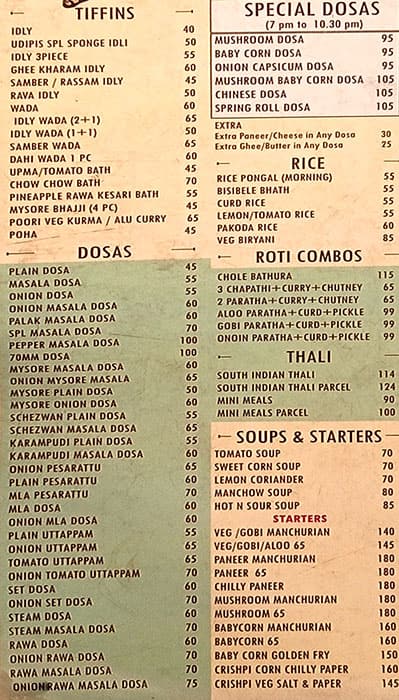 Menu at Udupi’s Uphar, Hyderabad