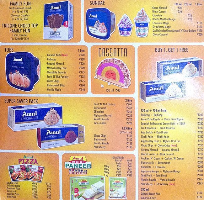 Amul Ice Cream Menu Card