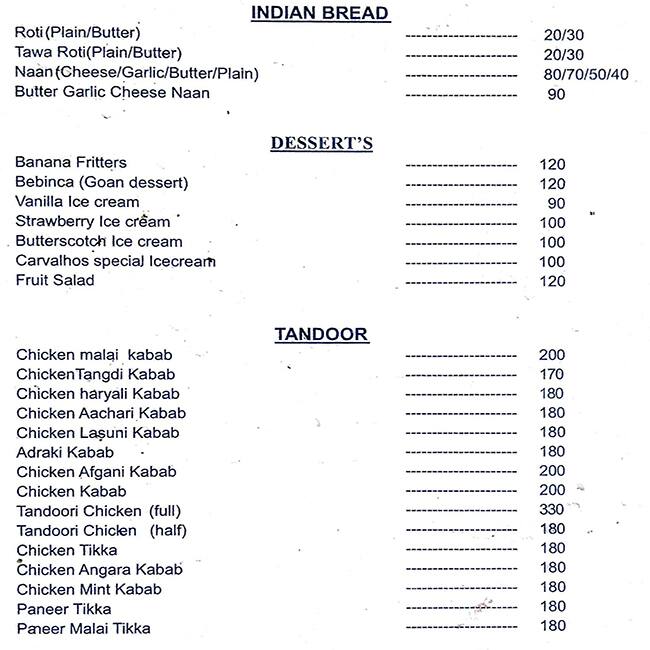 Carvalho's Bar & Restaurant menu