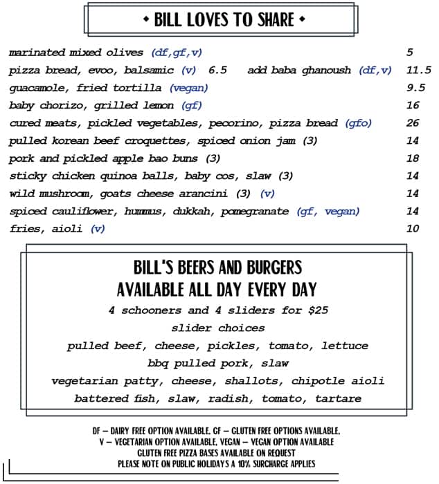 Menu at Bill's Bar And Bites, Leederville