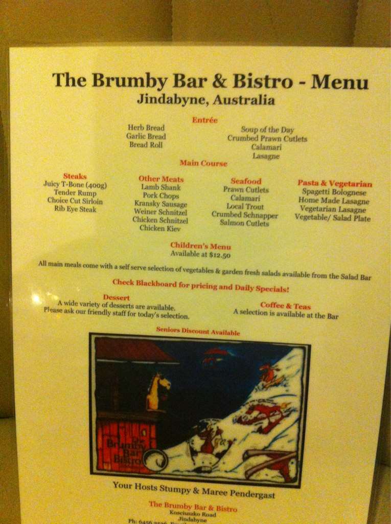 Brumby Bar & Bistro Menu, Menu for Brumby Bar & Bistro, Jindabyne