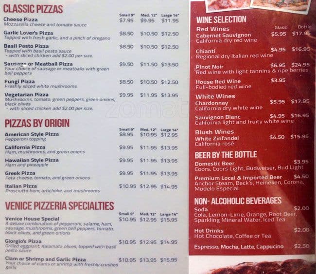 Venice Pizzeria Menu, Menu for Venice Pizzeria, Sausalito, Sausalito