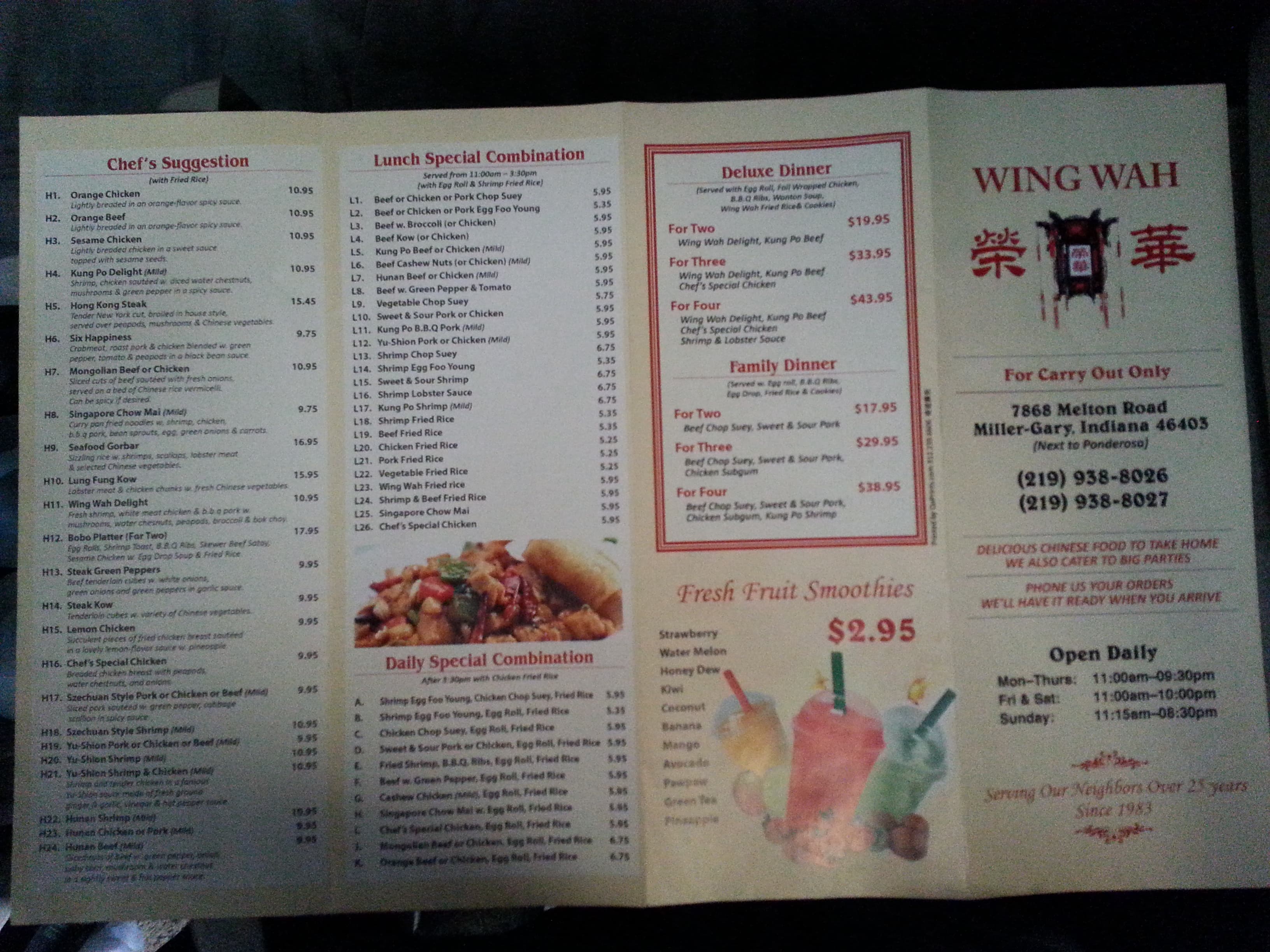 Menu at Wing Wah Restaurant, Gary
