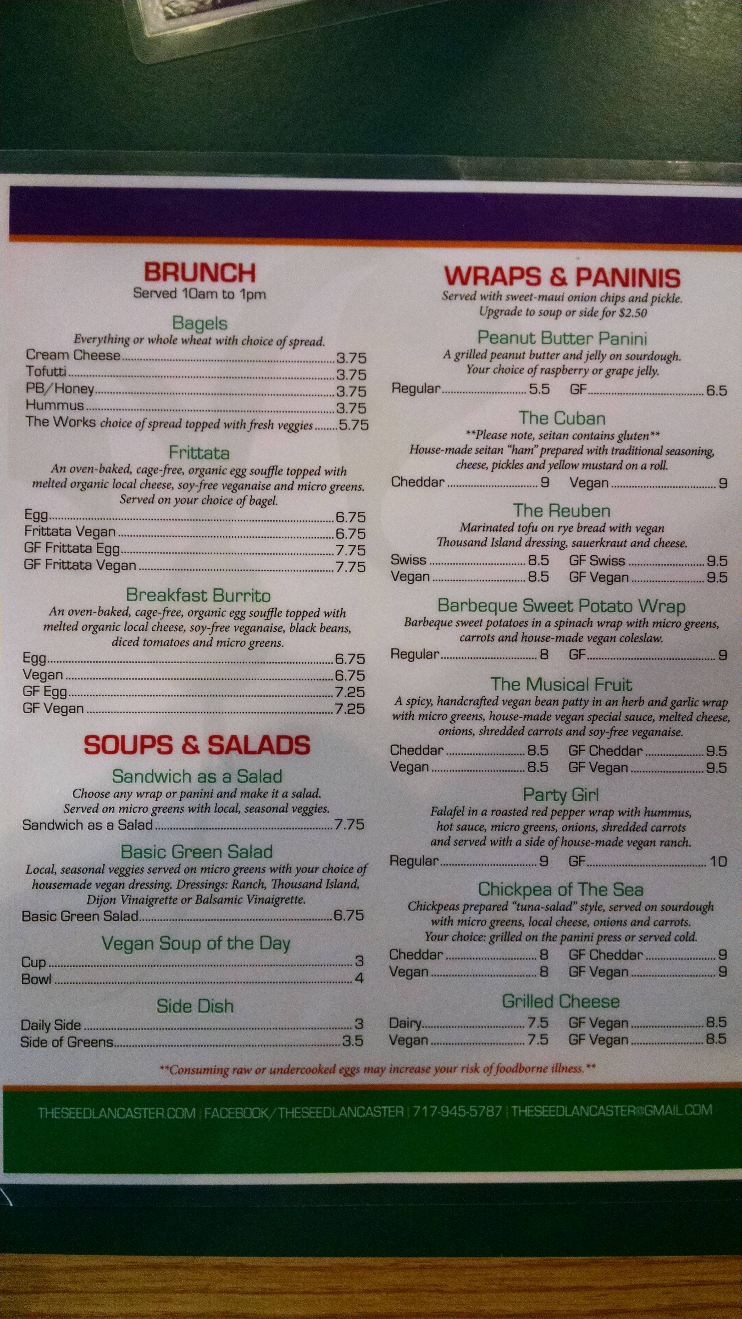 The Seed Menu, Menu for The Seed, Lancaster, Lancaster Urbanspoon/Zomato