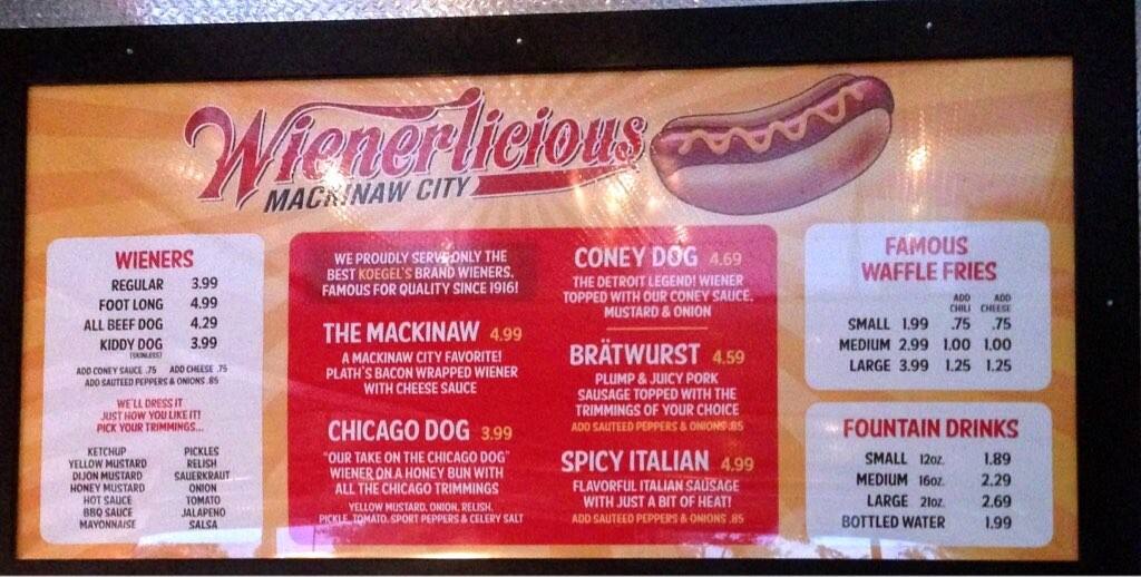Menu at Wienerlicious restaurant, Mackinaw City