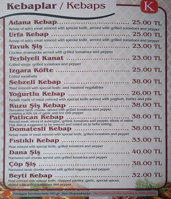 Menu at Keskin Kebap Döner Istanbul