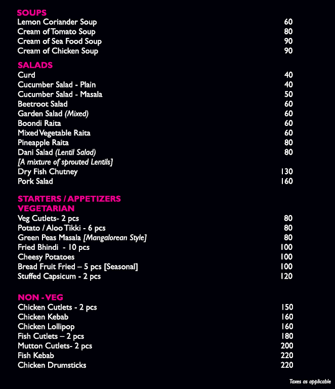 The Mangalorean Menu, Menu for The Mangalorean, Kammanahalli, Bangalore