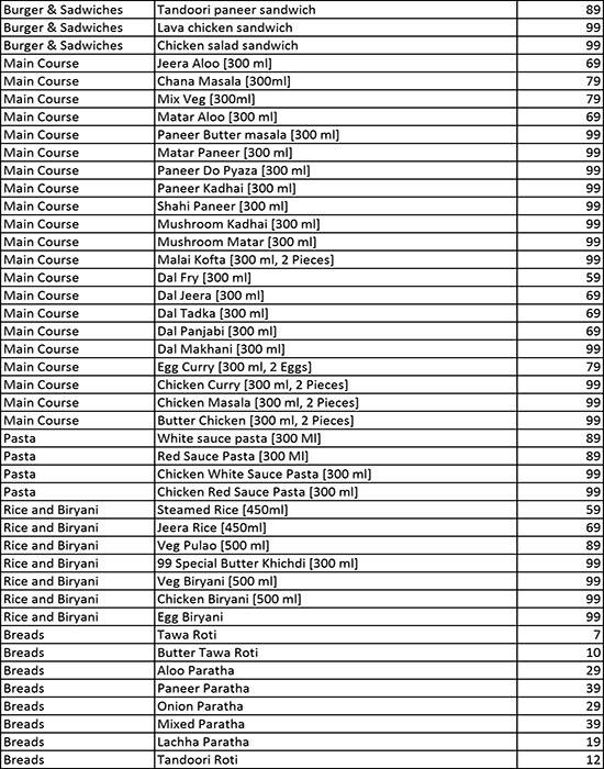 99 Kitchen menu