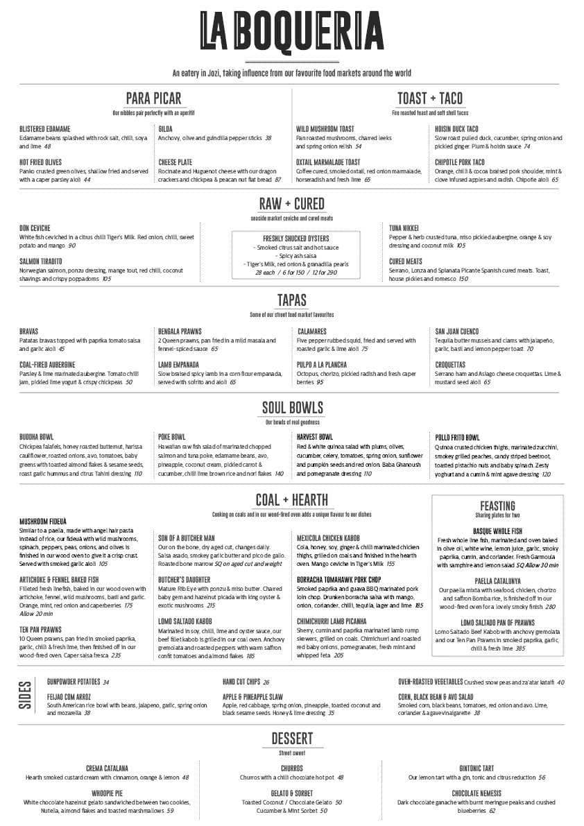 La Boqueria Menu, Menu de La Boqueria, Parktown North, Johannesburg
