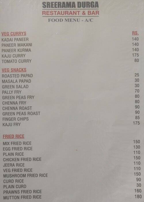 Sri Ramadurga Restaurant & Bar menu