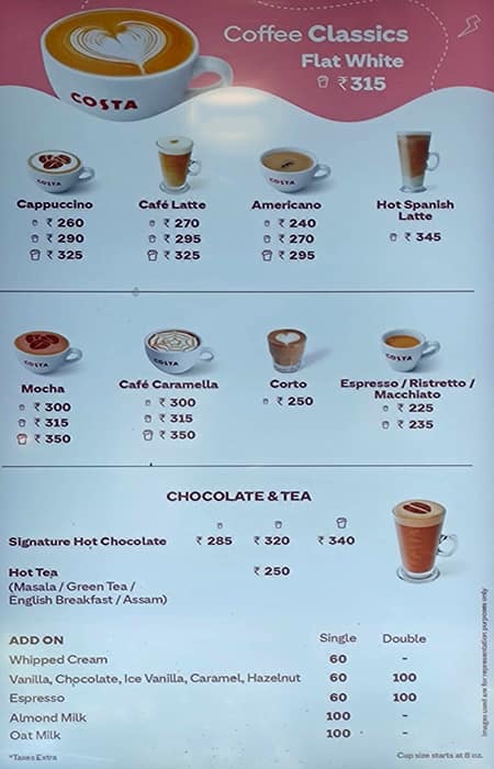 Menu of Costa Coffee Sector 57 Gurgaon