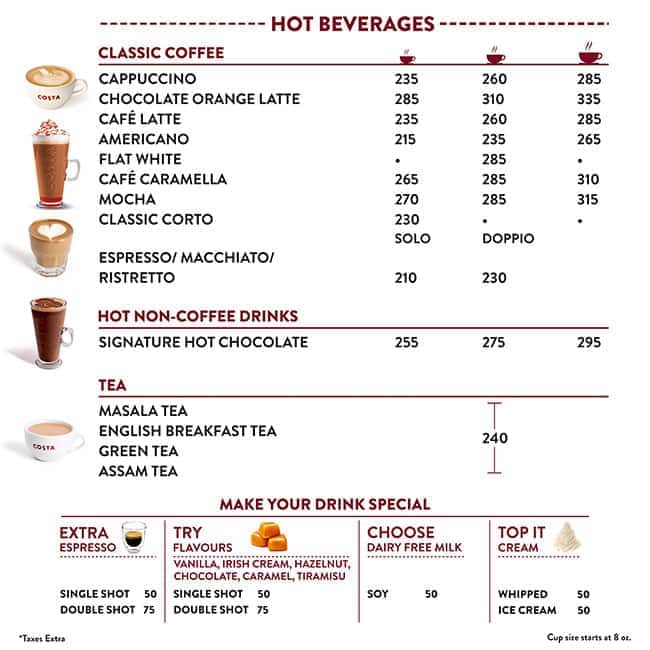 Menu of Costa Coffee Sector 19 Noida