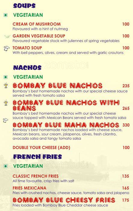 Menu At Bombay Blue, Chandigarh