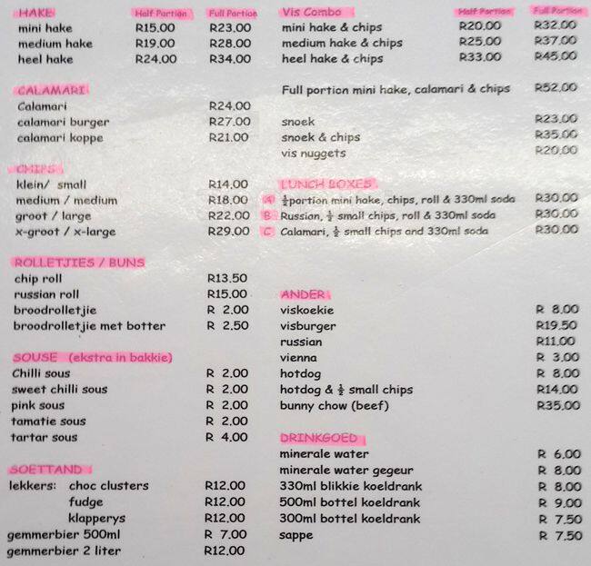 MossVis Menu, Menu for MossVis, Mossel Bay, Western Cape Zomato SA