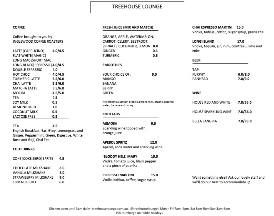 Menu at Treehouse Lounge pub & bar, Balaclava