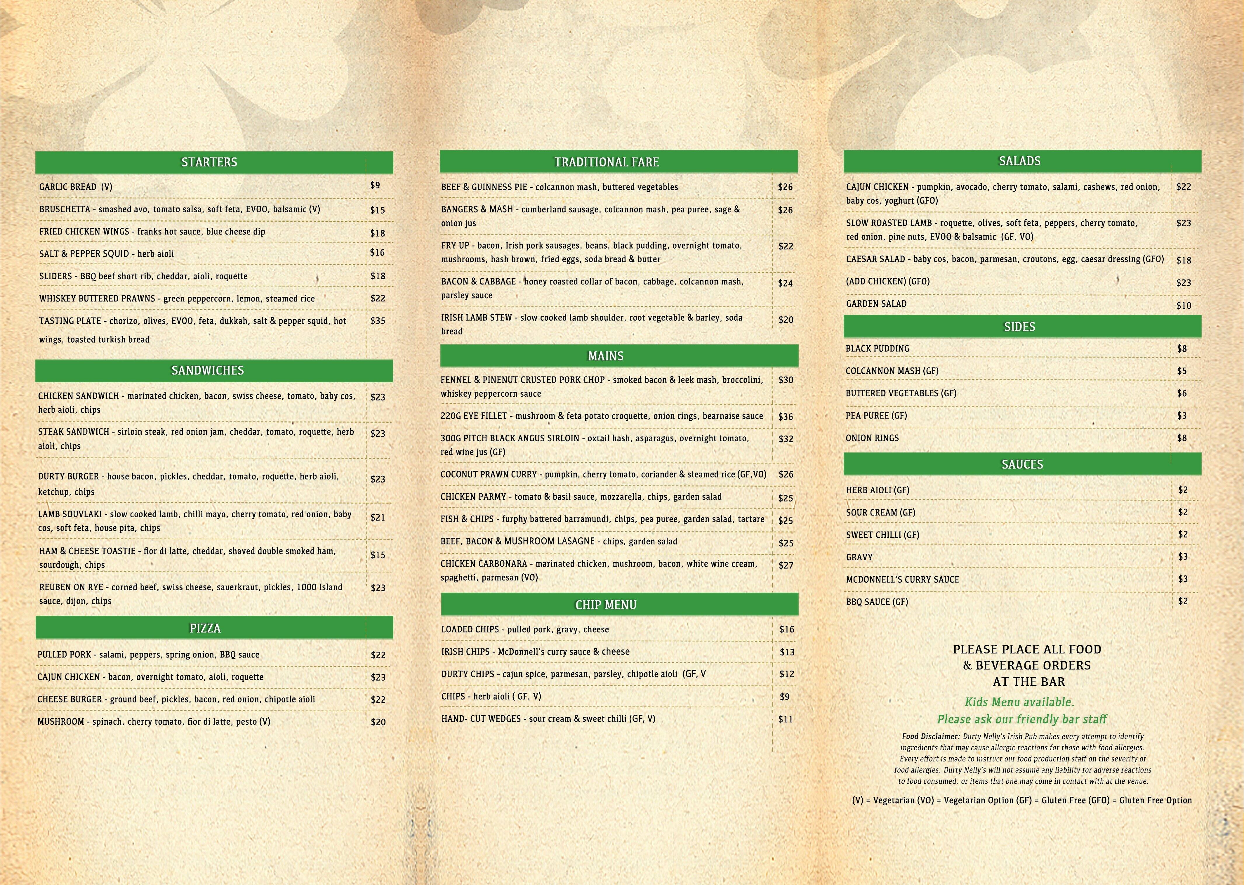 Menu at Durty Nelly