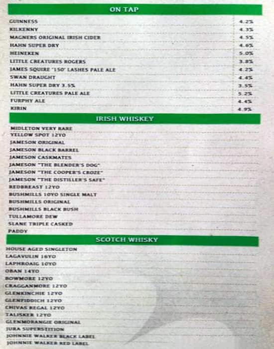 Menu at Durty Nelly