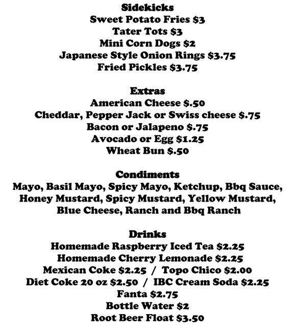 Cow Bells menu, Menu restauracji Cow Bells, East Riverside, Austin