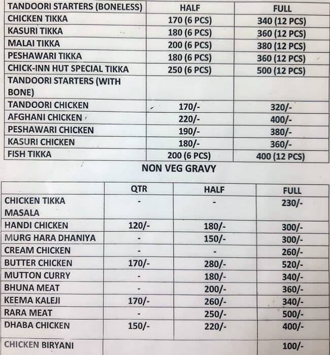 Chick - Inn Hut menu