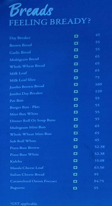 Unibic French Loaf Bakery and Cake Shop IB Block Kolkata menu