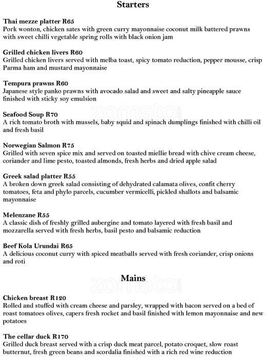 Menu at The Cellar restaurant, Port Shepstone