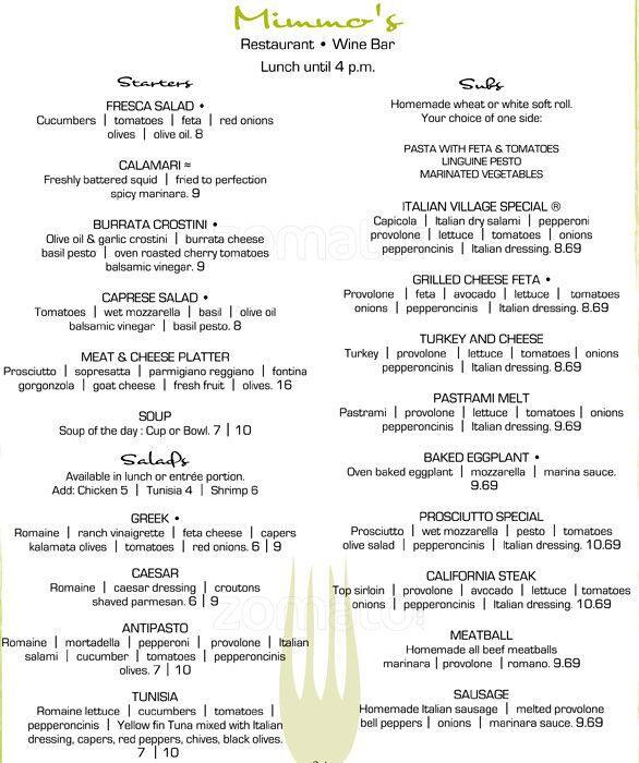 Mimmos Italian Village Menu, Menu for Mimmos Italian Village, Little
