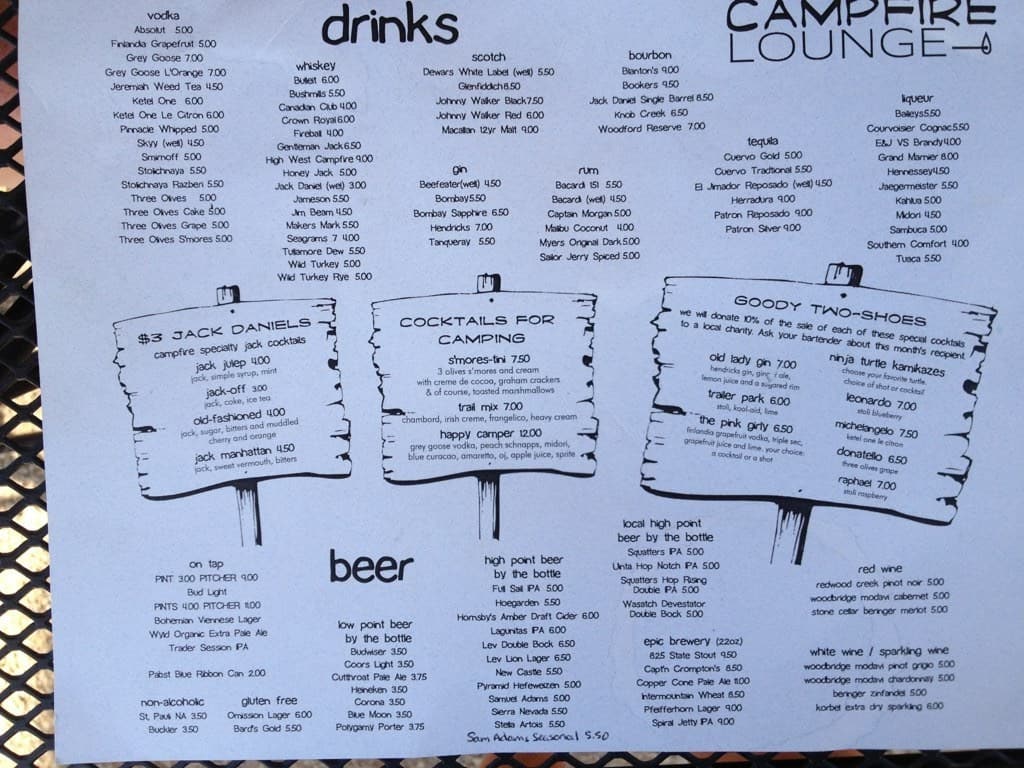 Menu At Campfire Lounge Pub And Bar Salt Lake City