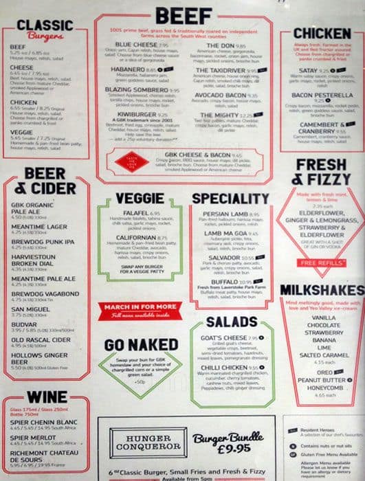 Menu at Gourmet Burger Kitchen (GBK) restaurant, Manchester