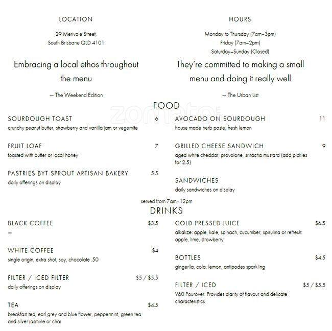 Two Trees Menu, Menu for Two Trees, South Brisbane, Brisbane