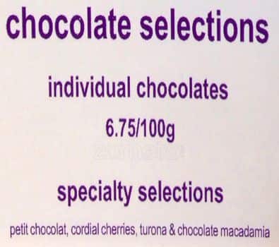 Purdys Chocolatier menu