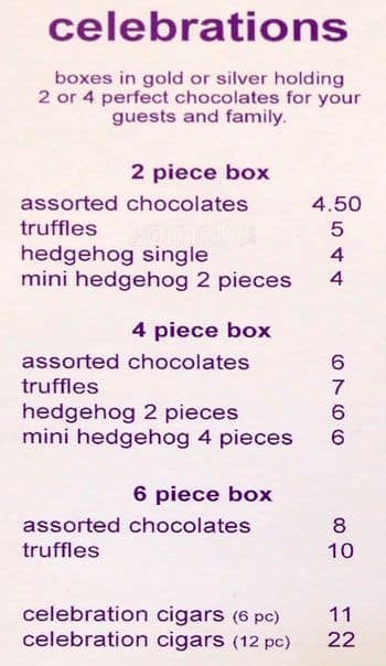 Purdys Chocolatier menu