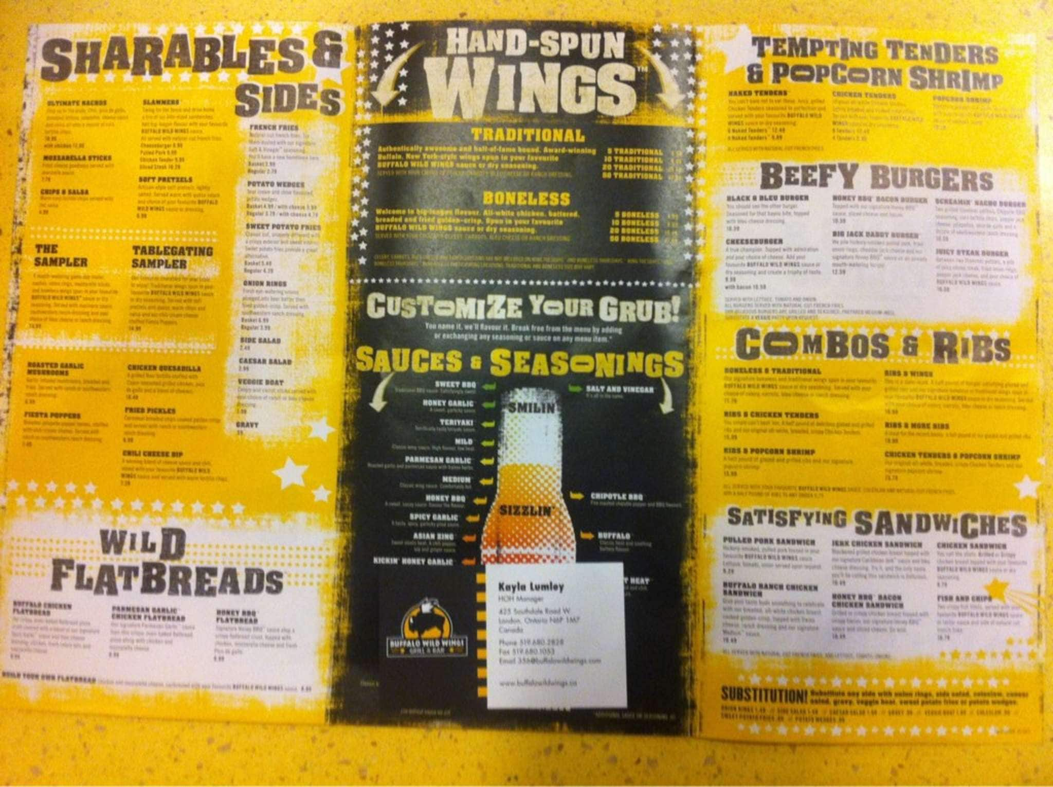 Buffalo Wild Wings Menu,Menú para Buffalo Wild Wings, London, London