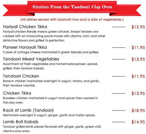 Mirch Masala Indian Food Restaurant menu
