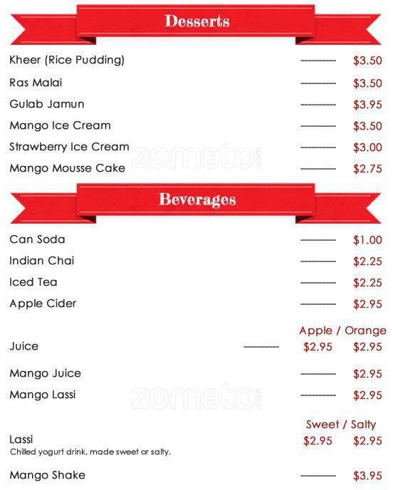 Mirch Masala Indian Food Restaurant menu