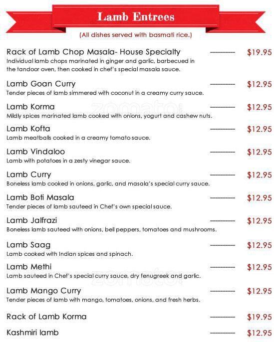 Mirch Masala Indian Food Restaurant menu