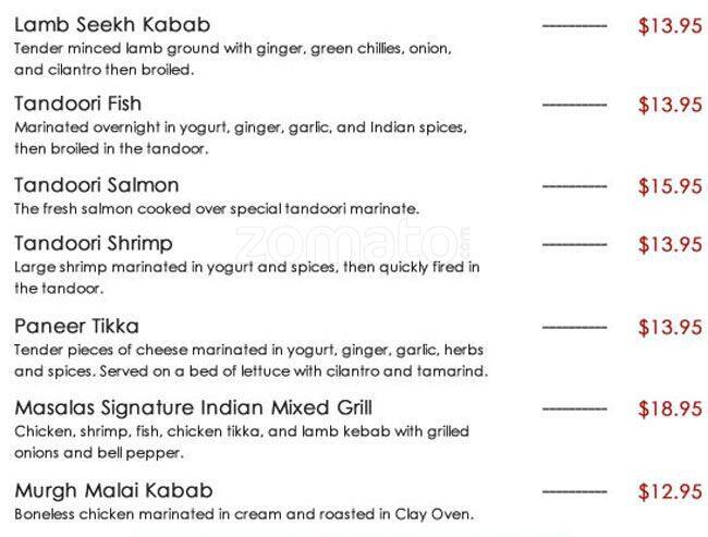 Mirch Masala Indian Food Restaurant menu