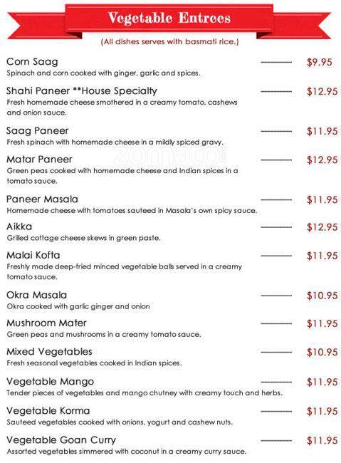 Mirch Masala Indian Food Restaurant menu