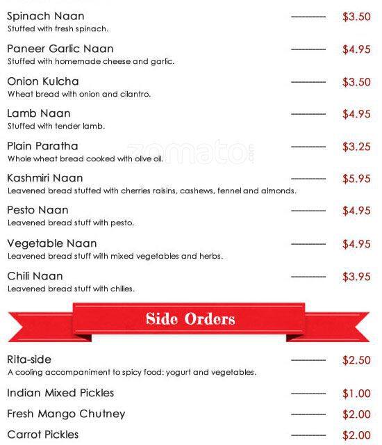 Mirch Masala Indian Food Restaurant menu