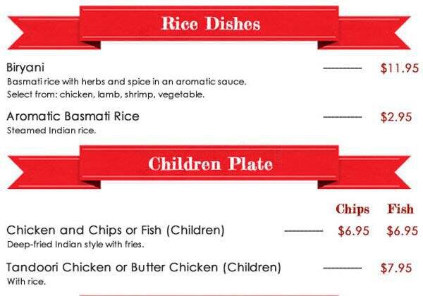 Mirch Masala Indian Food Restaurant menu