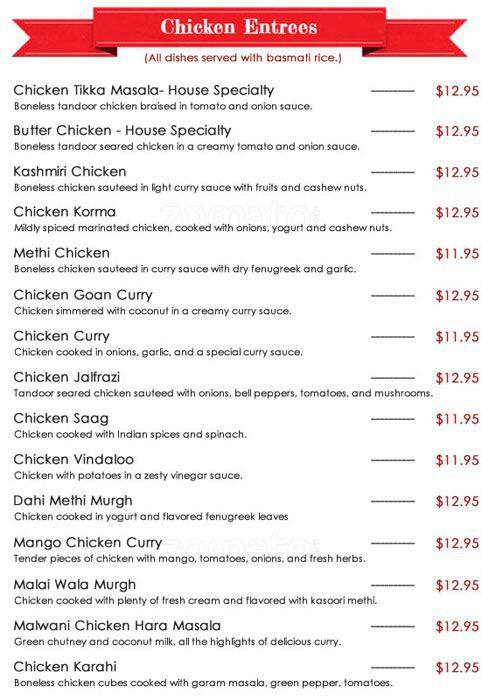 Mirch Masala Indian Food Restaurant menu