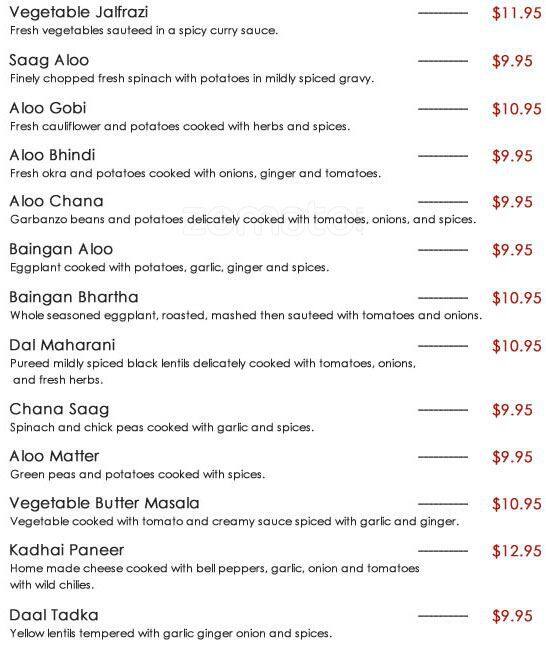 Mirch Masala Indian Food Restaurant menu