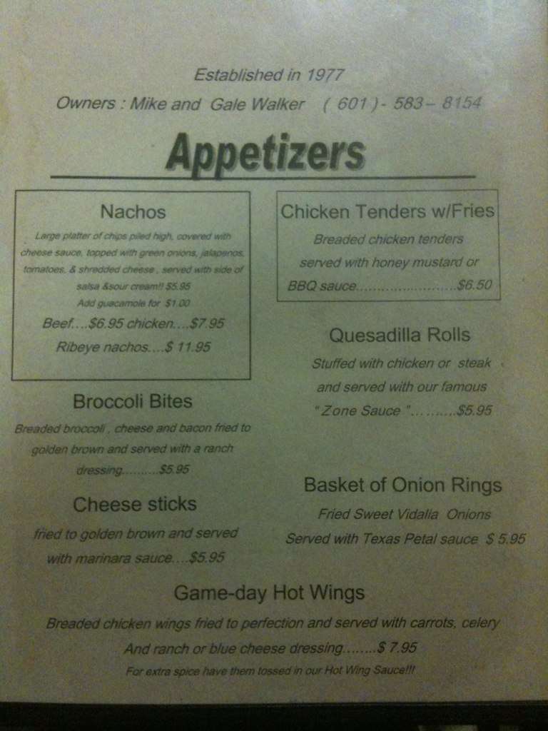 The End Zone Menu, Menu podniku The End Zone, Hattiesburg, Hattiesburg