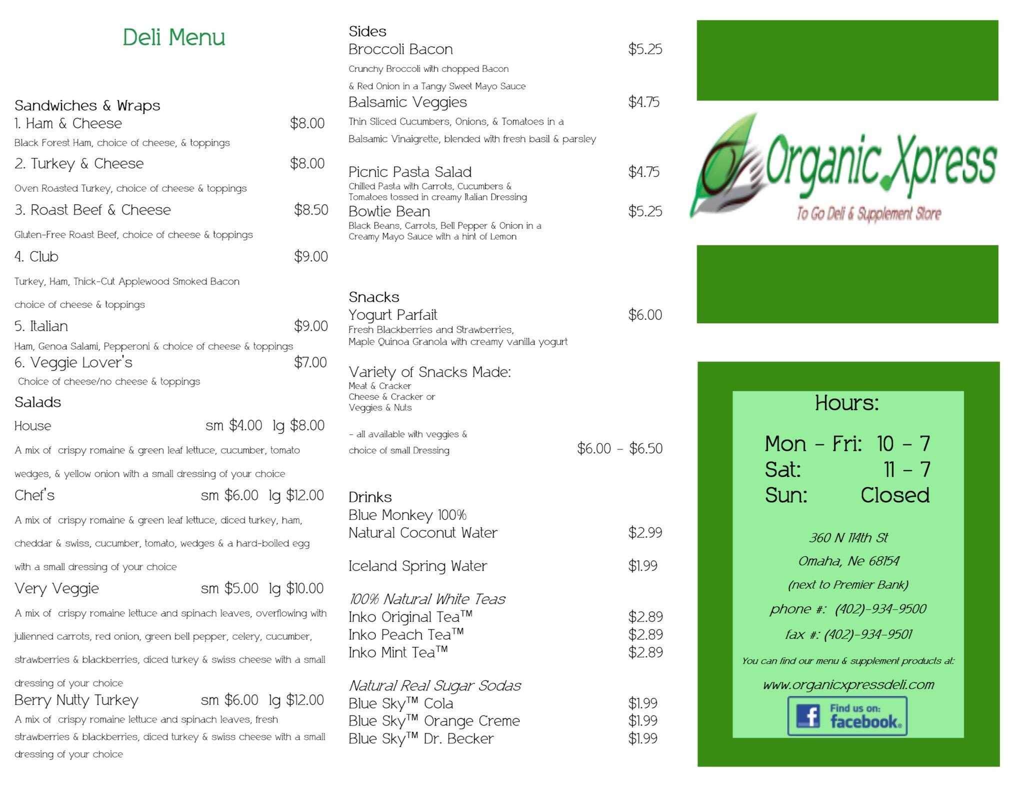 Organic Xpress Menu, Menu for Organic Xpress, Old Mill District, Omaha Urbanspoon/Zomato