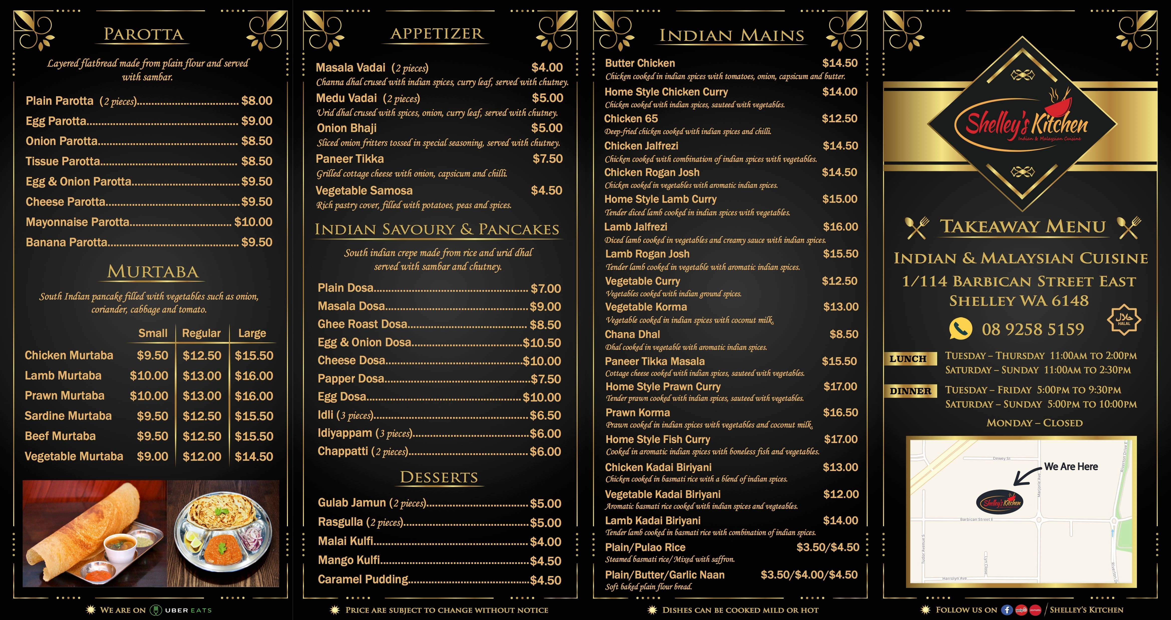 Shelley's Kitchen Menu, Menu for Shelley's Kitchen, Shelley, Perth