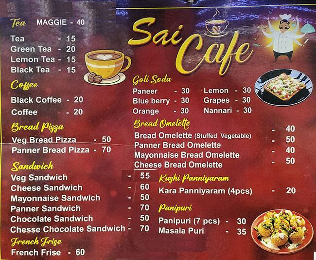 Menu of Sai Cafe, Lawspet, Puducherry