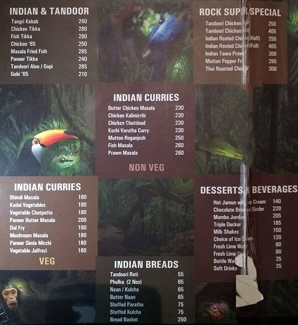 The Rock Restaurant menu