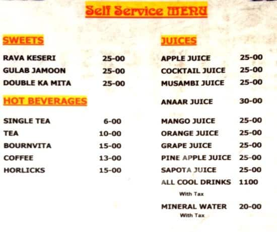 Menu at Vaibhav, Secunderabad, 1-1-28