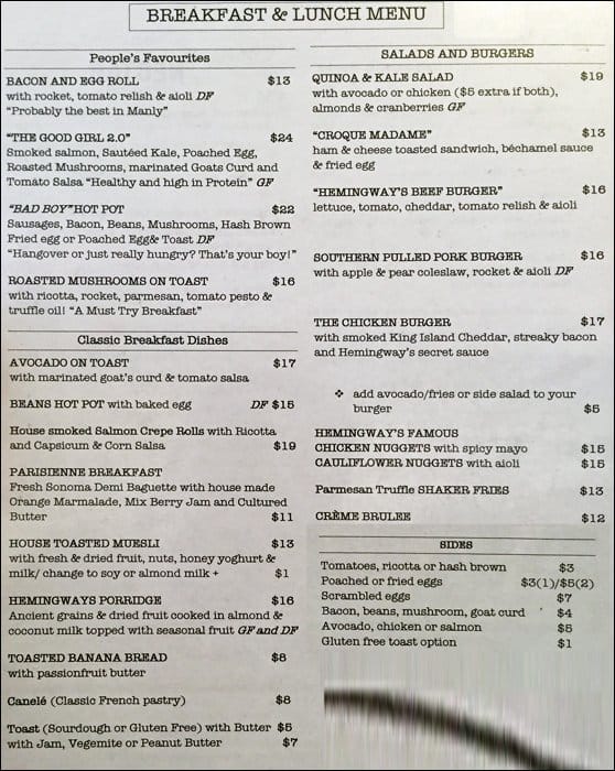 Hemingway's Menu, Menu for Hemingway's, Manly, Sydney Urbanspoon/Zomato