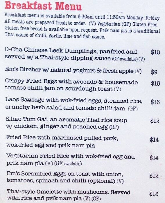 West End Coffee House menu, Menu restauracji West End Coffee House