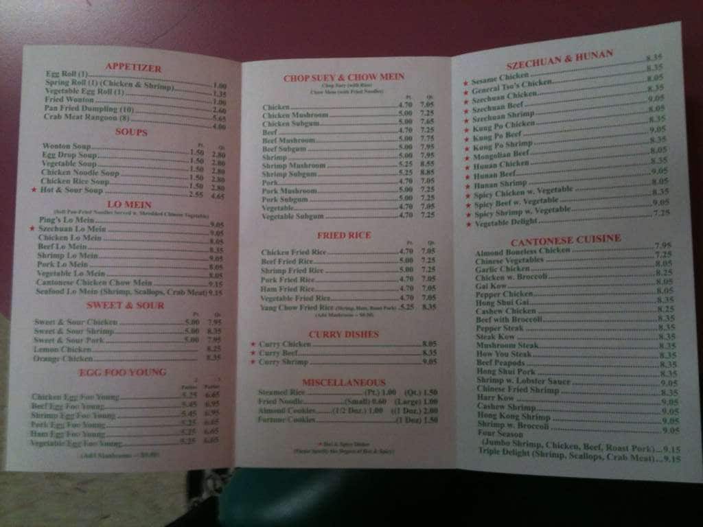Menu at Ping's restaurant, Rochester Hills